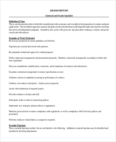 contracts and grants specialist job description