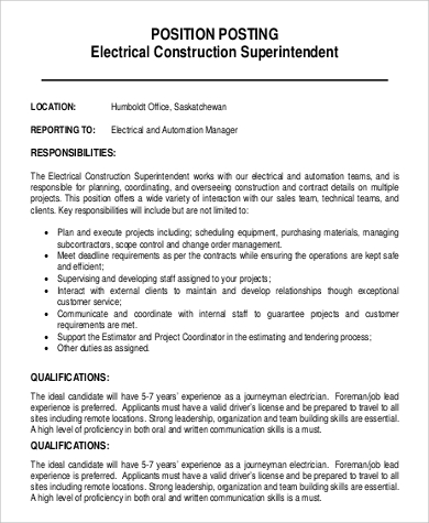 electrical construction superintendent job description