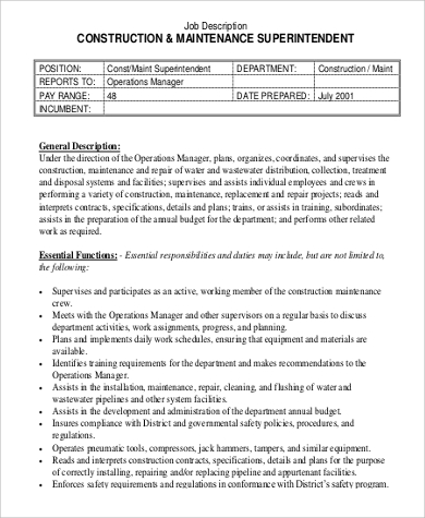 construction maintenance superintendent job description