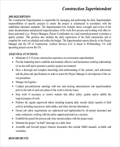 construction superintendent job description responsibilities