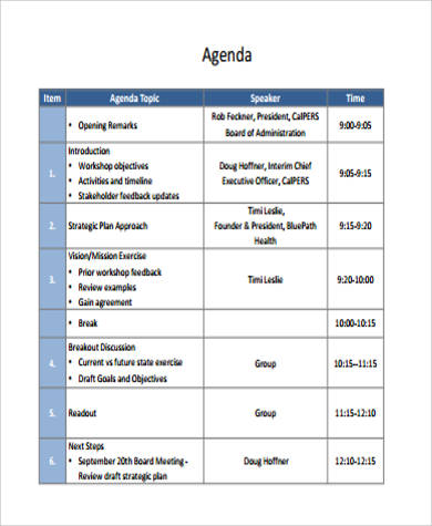 FREE 10  Workshop Agenda Samples in PDF