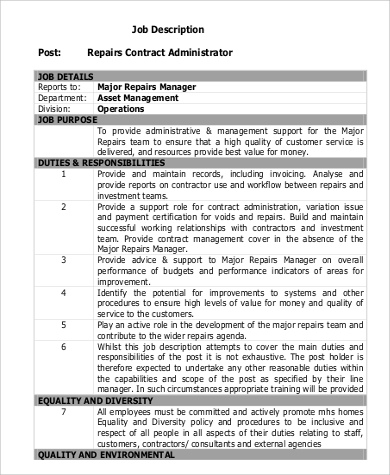 repairs contract administrator job description in pdf