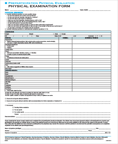 sample high school physical form