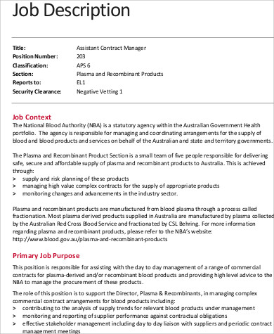 assistant contractor manager job description example