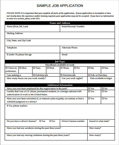blank job application form sample