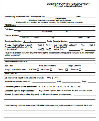 generic job application form pdf