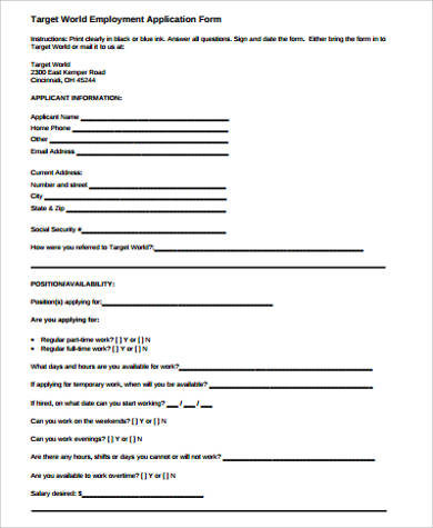 target job application form example