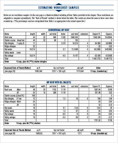 Printable Roofing Estimate Sheet