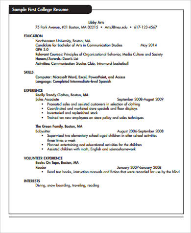 first college resume example