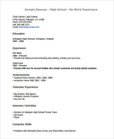 resume no work experience example