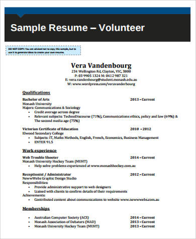 volunteer resume sample