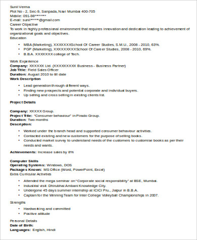 Resume format of mba marketing fresher February 2021