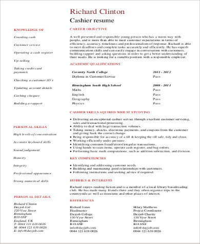 sample resume for cashier with no experience