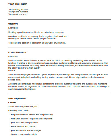 FREE 8+ Cashier Resume Samples in MS Word | PDF