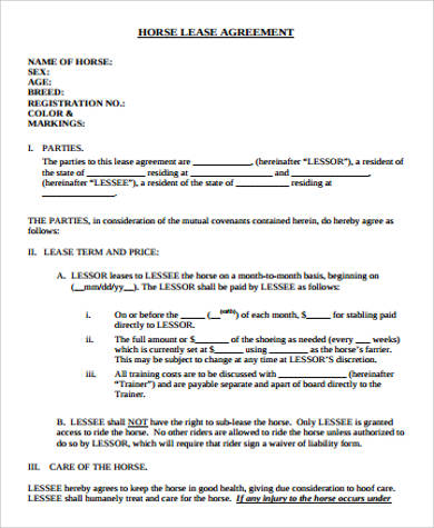 horse lease agreement sample