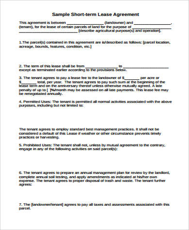 sample short term lease agreement