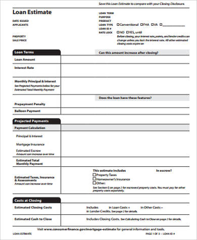 sample loan estimate form