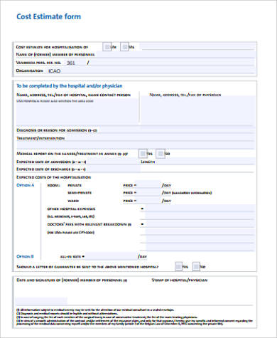 estimate of cost form