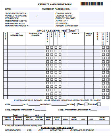 estimate amendment form