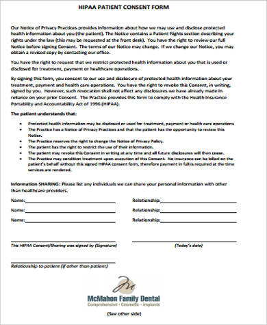 dental hipaa consent form