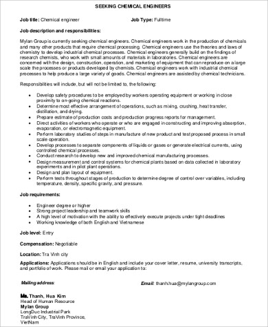 full time chemical engineering job description