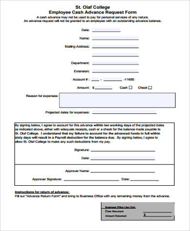 free 8 sample employee advance forms in ms word  pdf