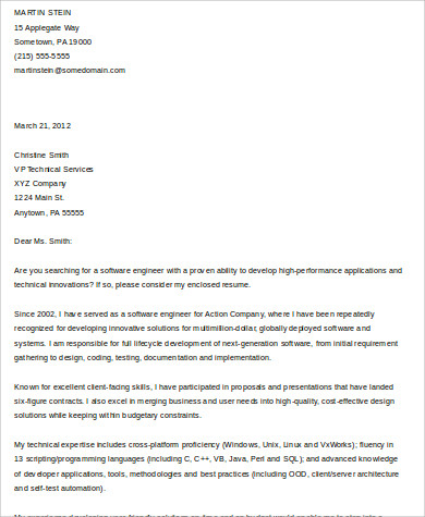 8+ Sample Software Engineer Cover Letters  Sample Templates