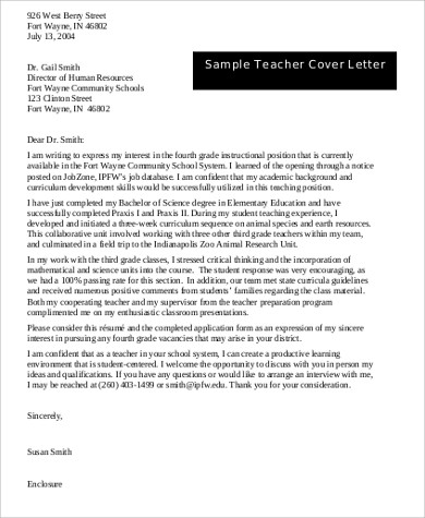 sample teacher cover letter free