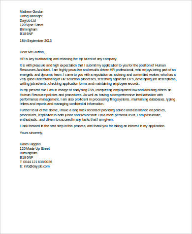 sample cover letter for hr assistant