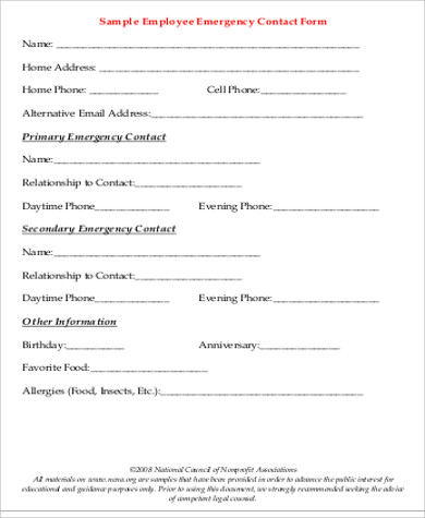 free 7 sample employee emergency contact forms in ms word pdf