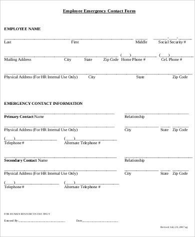employee information and emergency contact form