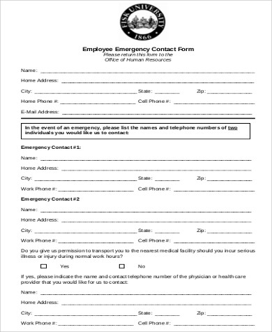 basic employee emergency contact form sample