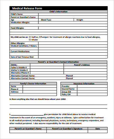 blank medical release form for child