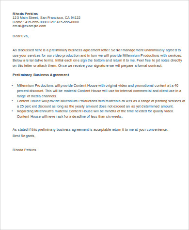 business agreement letter sample