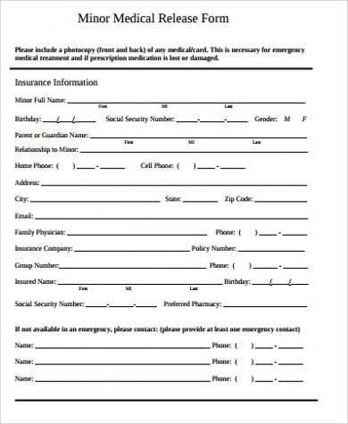 FREE 7  Sample Medical Release Forms for Minor in MS Word PDF