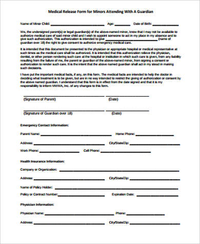 standard medical release form for minors