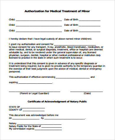 Medical Authorization To Treat Minor Child