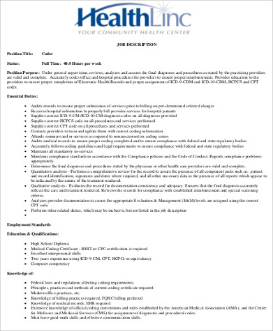 medical records coding job description sample