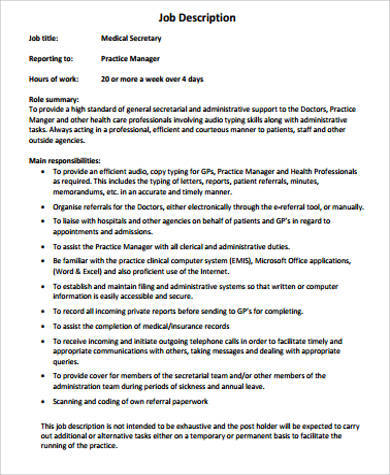 secretary job medical description private sample nhs word