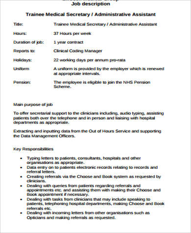 trainee medical secretary job description pdf