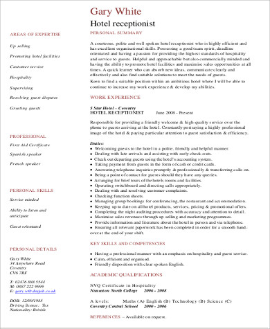 hotel receptionist resume