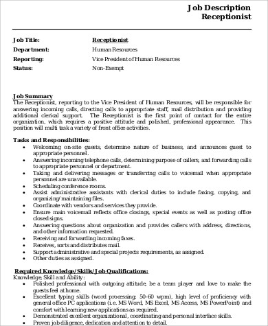 receptionist job description resume