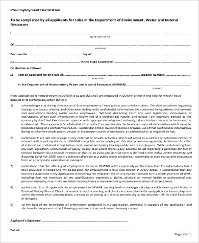 sample pre employee declaration form