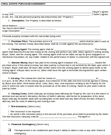 real estate purchase agreement form