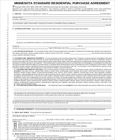 standard residential purchase agreement form