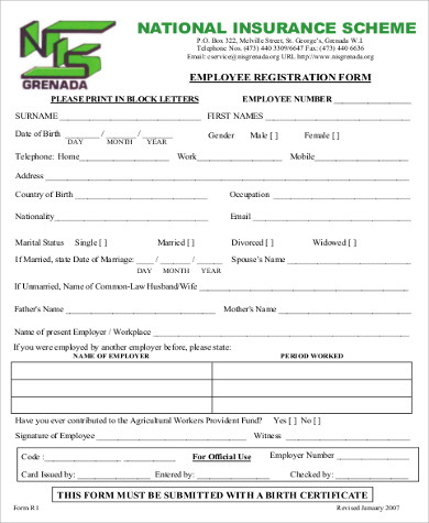 employee registration form in block letters