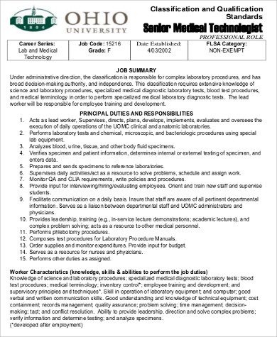 senior medical technologist job description format