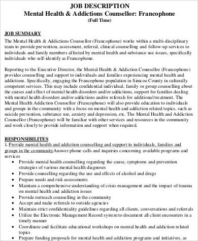 mental health addictions counselor job description