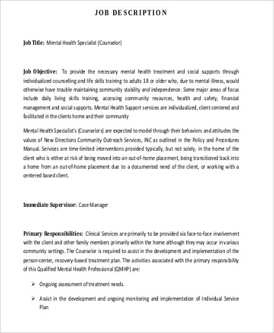 mental health job description counselor specialist support sample samples ms word pdf