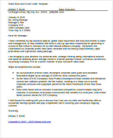 Cover Letter For A Executive Position   Sample Sales Executive Cover Letter 